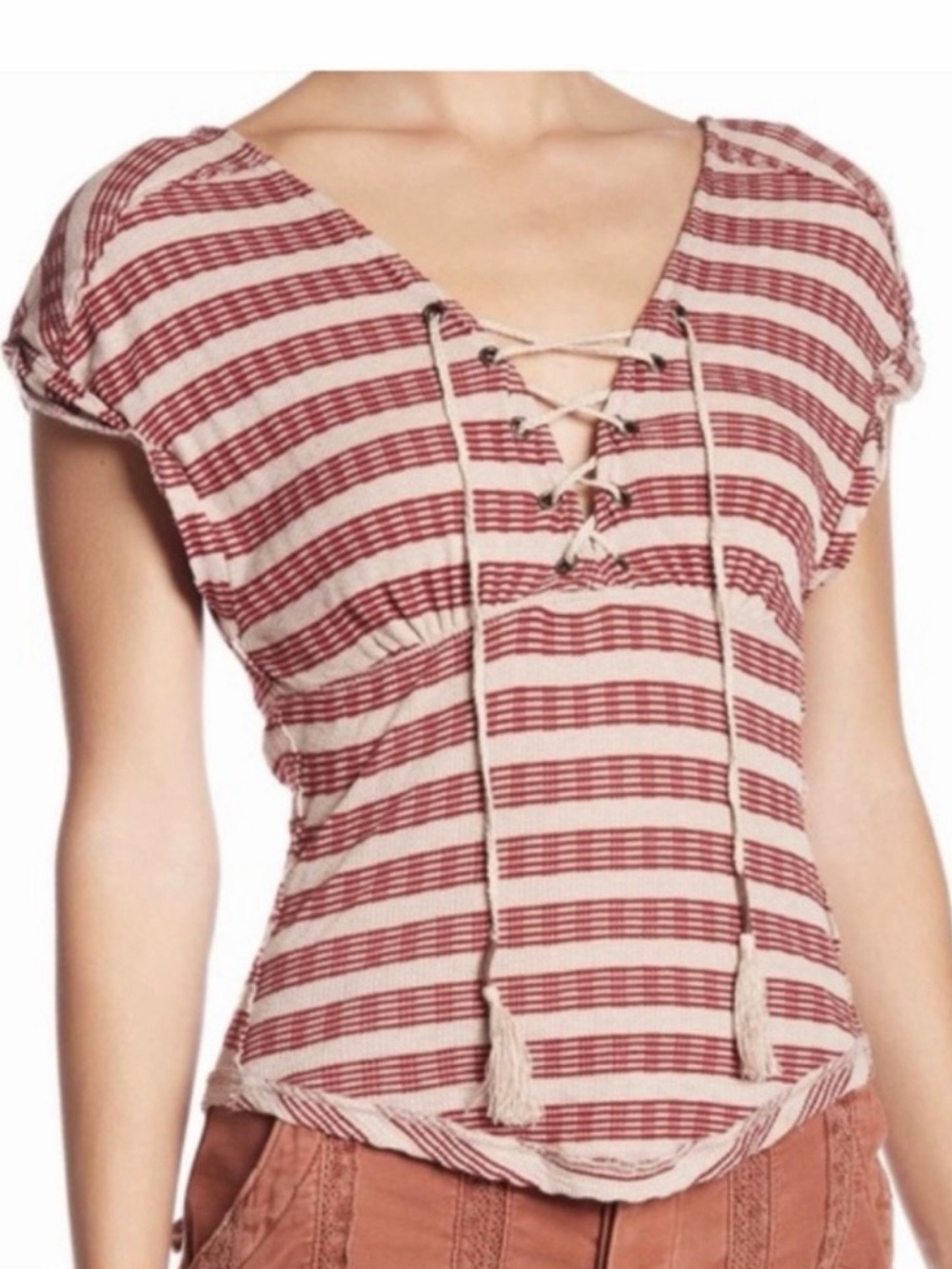 We The Free Red & Cream Striped Lace-Up V-Neck Bodysuit